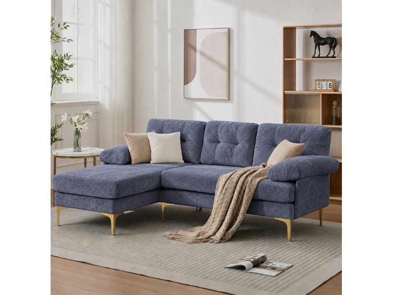 Canapé d'angle 3 places 187,5x130x79 cm méridienne réversible bois bleu, confort optimal - Conforama E