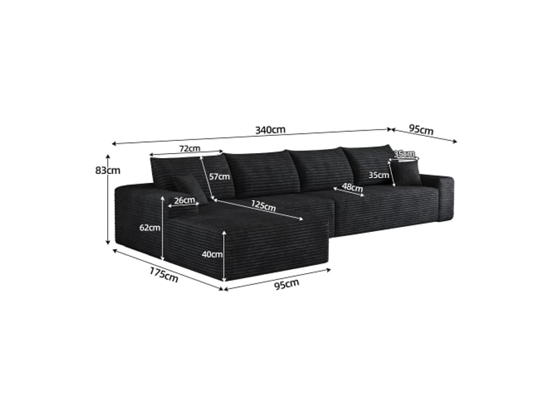  Canapé d'angle modulable 340 cm noir – méridienne en l – profondeur d'assise – sans montage  - Conforama C