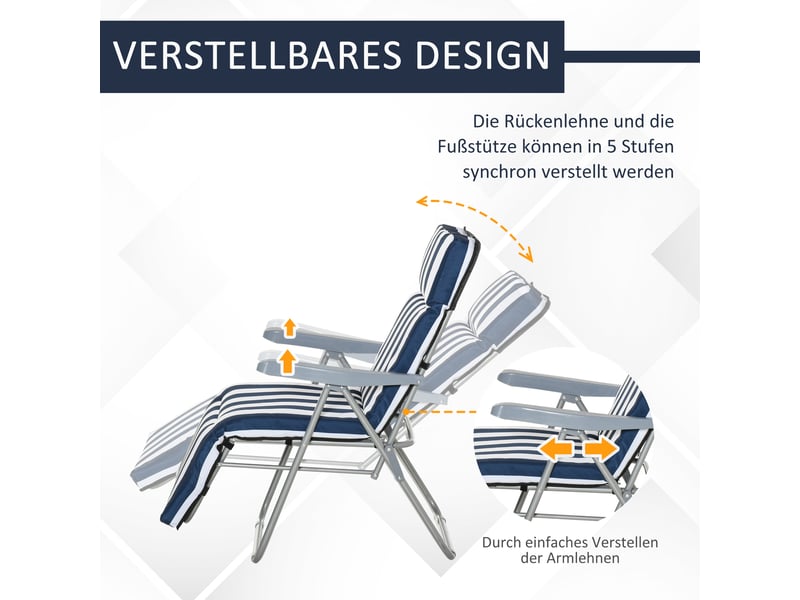  2 chaises longues pliantes de jardin avec accoudoirs, pliables, 5 positions, coussin, bleues, 60 x 75 x 102 cm  - Conforama E