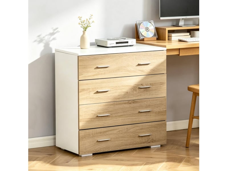  Commode 76x35x72 cm à 4 tiroirs, blanc et bois clair  - Conforama B