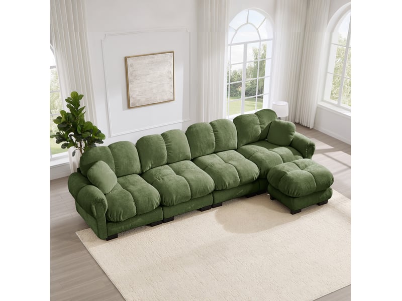  Canapé d'angle modulable 4 places modenvie avec pouf mobile, tissu chenille vert, dossier ergonomique, design matelassé, 330 x 149 x 90 cm  - Conforama D