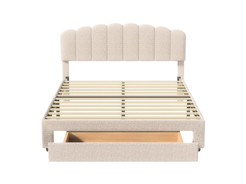  Lit avec tiroir 140x200 cm, lit double capitonné avec ports usbtype-c, tête de lit coquillage, lit adulte avec sommier en velours, style scandinave  - Conforama A