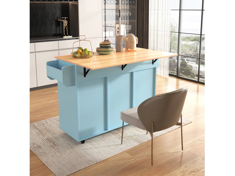  Desserte de cuisine bleue 139x46x91,5 cm avec plateau rabattable et roulettes  - Conforama D