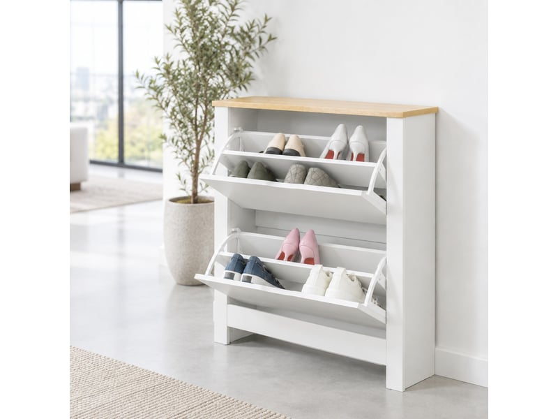  Meuble à chaussures l72 x p26 x h80 cm en contreplaqué à 2 abattants blanc et naturel chicfurn  - Conforama C