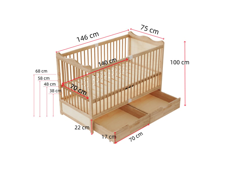  Lit bébé 70 × 140 cm à barreaux avec 2 tiroirs sur roulettes et sommier réglable sur 4 hauteurs en pin naturel pour chambre  - Conforama C