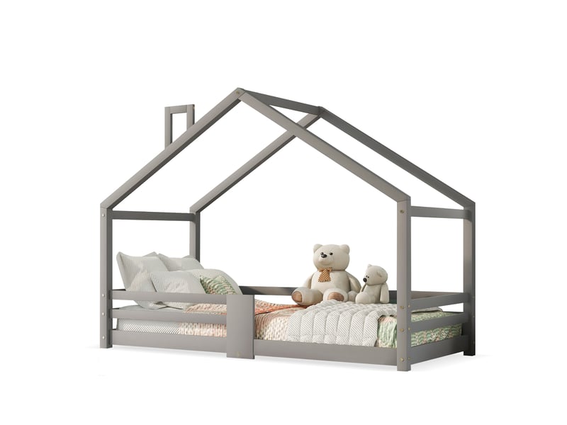  Lit cabane enfant tcqpz 90 x 200 cm avec cheminée, sécurité anti-chute, lattes robustes, bois, gris  - Conforama A