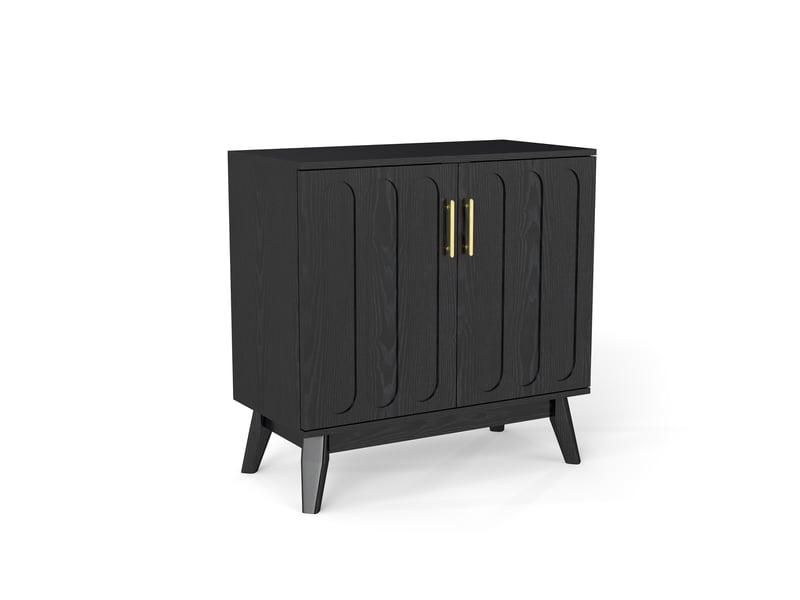  Buffet bas 80x40 cm avec portes rainurées, étagères réglables et pieds en bois massif, mdf, style mid-century, noir  - Conforama A