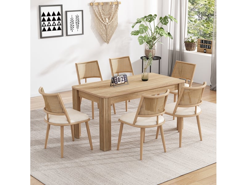  Lot de 6 chaises 50x48x80 cm, beige, dossier en rotin, chaises de salle à manger avec assise en pu  - Conforama B