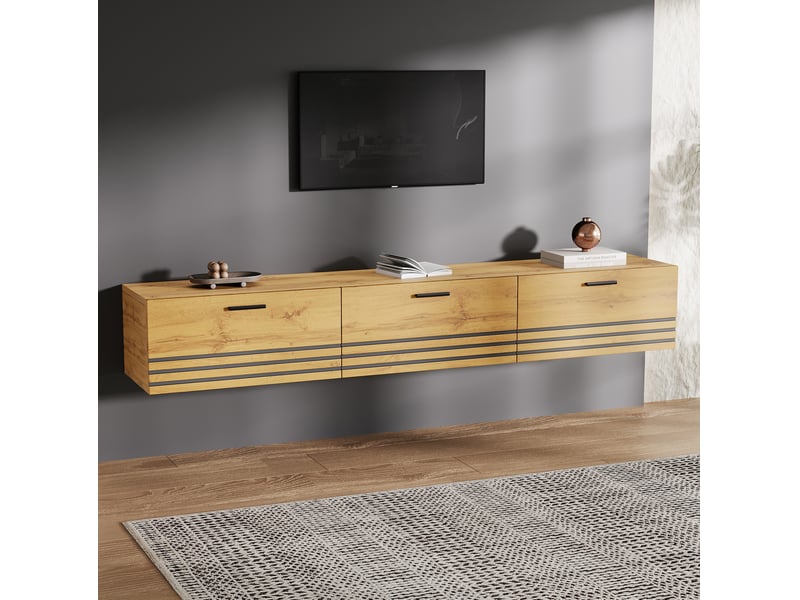  Meuble tv mural avec 3 tiroirs 160x30x25,5 cm coloris bois naturel  - Conforama W