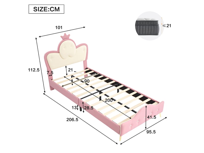  Modenvie lit enfant capitonné 90x200 cm - avec led, tête de lit couronne - pour chambre d'enfant - rose  - Conforama C