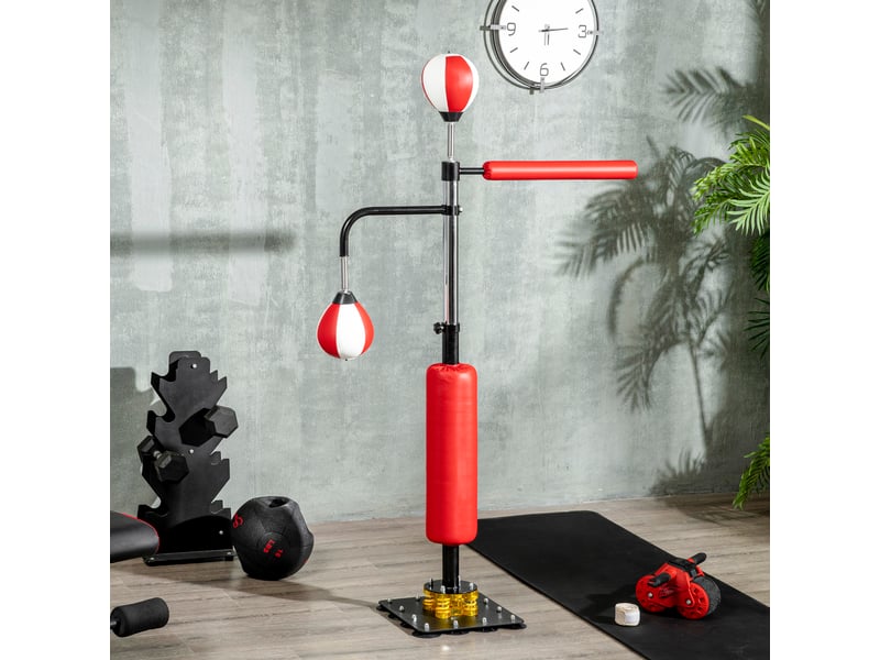 Support de boxe, deux speedballs, barre de frappe rotative, coussins de frappe, hauteur réglable, acier, 107 x 36 x 140-205 cm - Conforama D