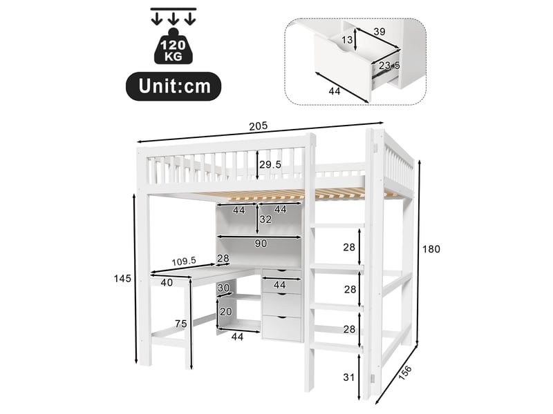  Lit combiné 140x200 cm, espace de rangement, avec bureau, 3 tiroirs et échelle, structure en bois, blanc, sans matelas  - Conforama C