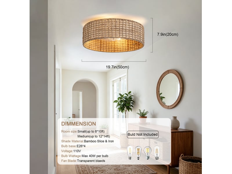Ventilateur de plafond 19 pouces en rotin et abs beige, contrôle par application et télécommande, 6 vitesses - Conforama C