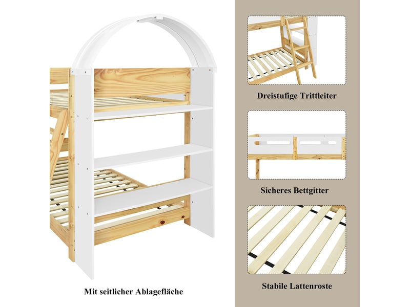 Lit superposé enfant 90x200 cm – blanc et naturel – étagère 3 niveaux, échelle, barrières – sans matelas - Conforama E