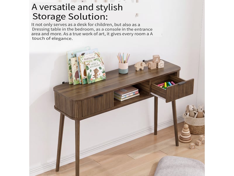  Console style mid-century aspect noyer avec 2 tiroirs et niche ouverte, 120 x 35 x 77,6 cm  - Conforama D