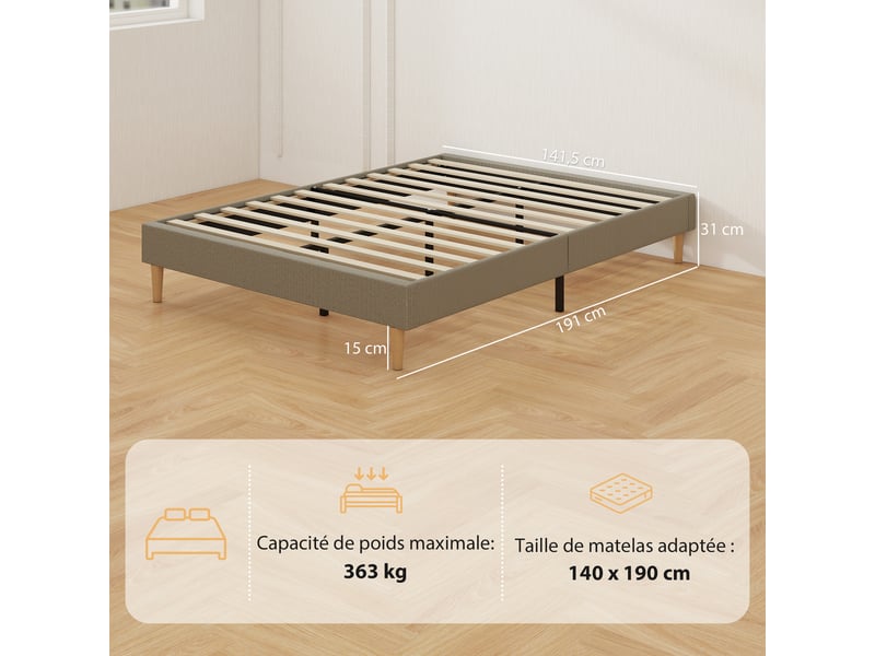  Cadre de lit 140 x 190 cm avec sommier à lattes en bois, gris, lit double rembourré en velours côtelé  - Conforama C