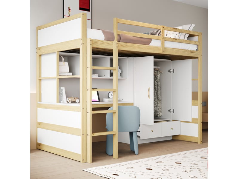  Lit mezzanine, 90x200 cm, armoire, bureau avec rangement, échelle, matelas non inclus, bois, coloris blanc et naturel  - Conforama E