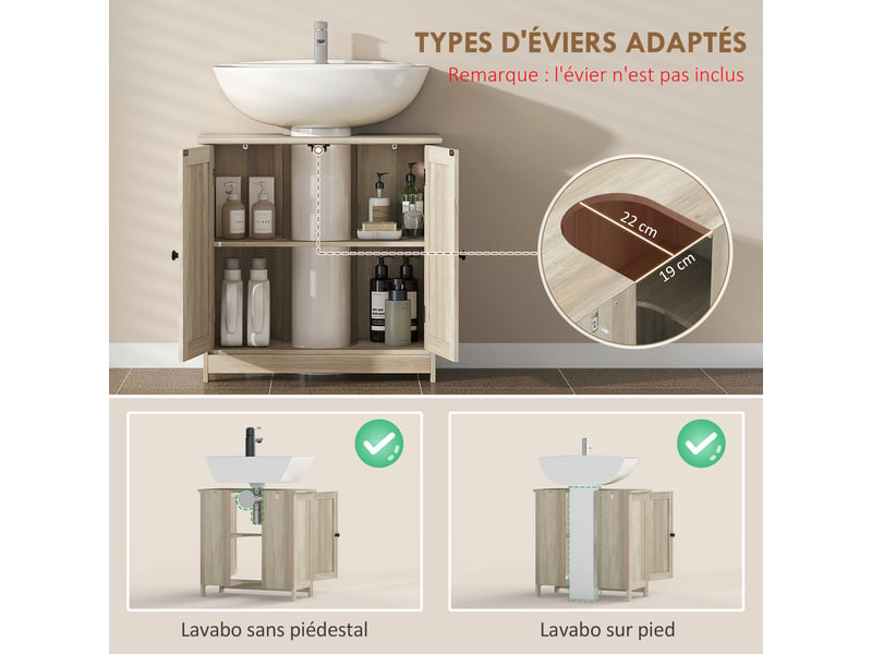  Meuble sous lavabo salle de bain gris, 2 portes, étagère réglable, 60 x 30 x 60 cm  - Conforama R