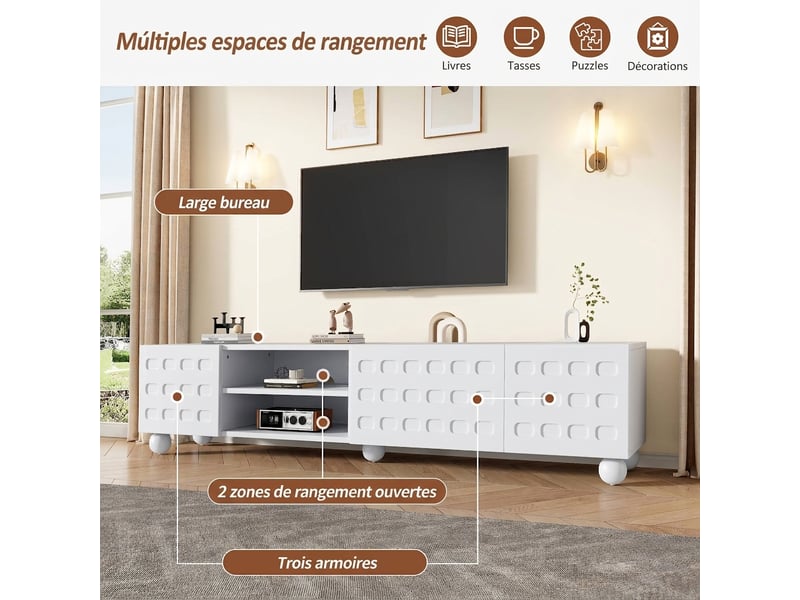  Meuble tv 200 cm blanc 3 portes avec motifs imprimés, pour téléviseur jusqu'à 80 pouces, 5 pieds stables  - Conforama W