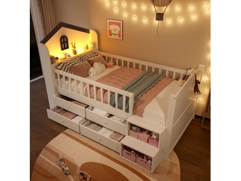 Lit enfant mi-hauteur 90 x 200 cm, led, 4 tiroirs, échelle avec rangement, blanc - Conforama E