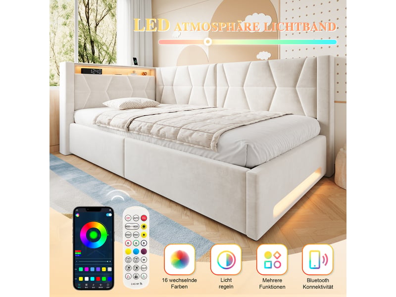  Lit banquette hydraulique 90x200 cm, led, usb-c, lit coffre rembourré, lit simple, éclairage tête et pied, velours, beige Seren Glow - Conforama E
