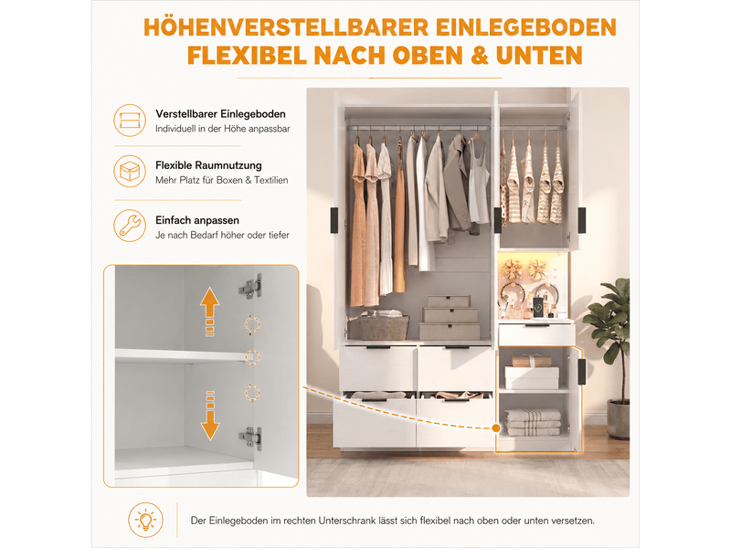 Armoire blanche 4 portes avec led et prise - armoire penderie 135x50x200 cm avec 5 tiroirs - Conforama R