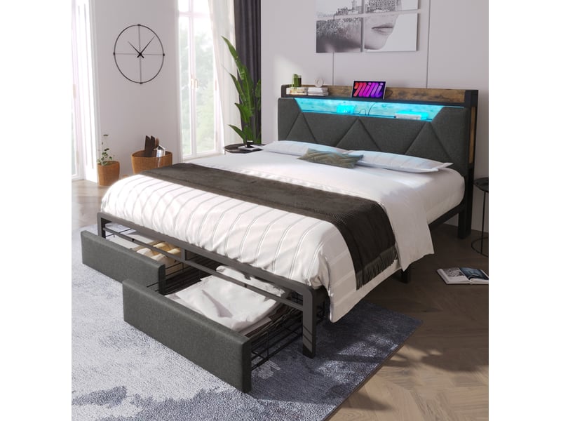Lit double 160 x 200 cm gris avec matelas, led, ports usbusb-c, rangements et tiroirs - Conforama D