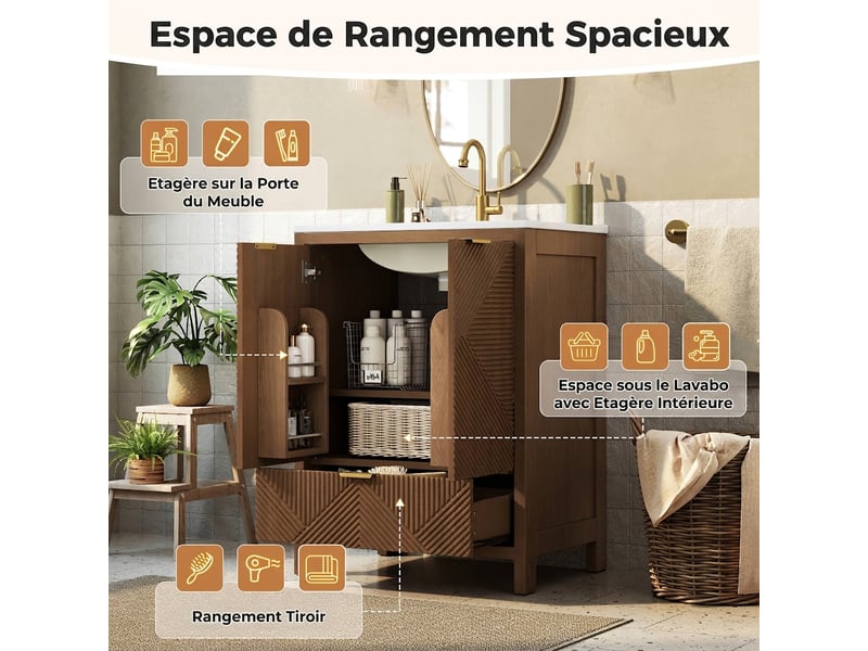  Meuble salle de bain sur pied 61 cm noyer avec vasque en céramique et façade ondulée  - Conforama D