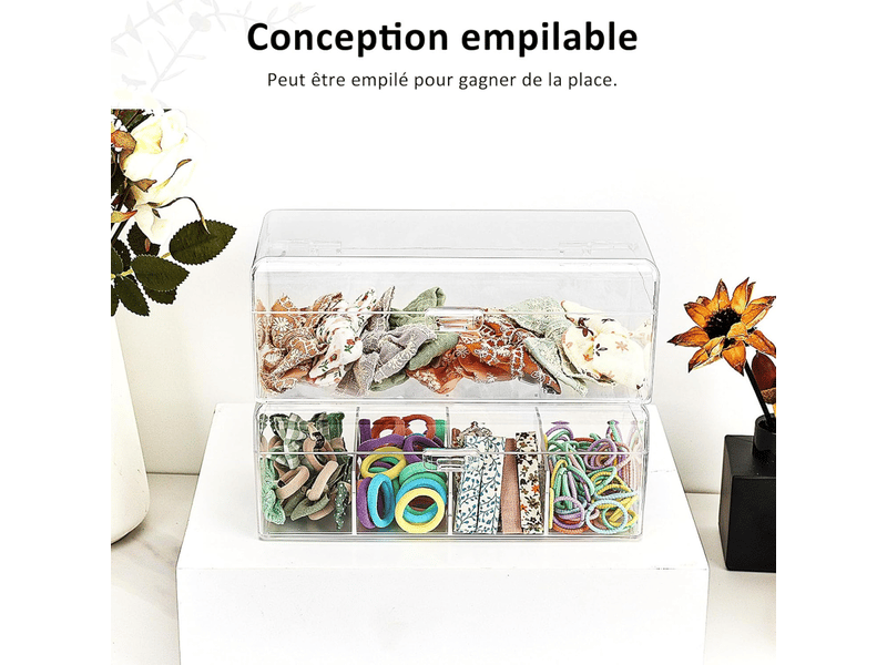  Organisateur d'accessoires cheveux pour filles, boîte transparente à compartiments, scrunchies et noeuds empilable pour salle de bain  - Conforama C