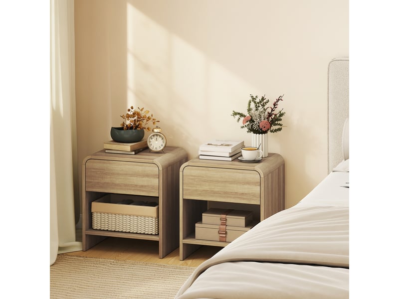  Ensemble de 2 tables de chevet scandinaves aux angles arrondis, avec tiroir et compartiment ouvert, 40 x 35 x 45 cm, couleur naturelle  - Conforama D
