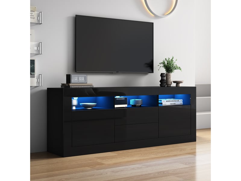  Meuble tv, meuble tv moderne avec led et application mobile, rangements intégrés, 160x35x60 cm, noir  - Conforama B