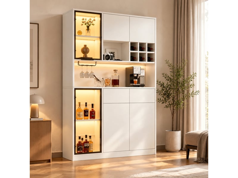  Vitrine haute 6 portes 2 tiroirs avec éclairage led et étagères ouvertes pour salon, blanc, 120 × 33 × 200 cm  - Conforama B