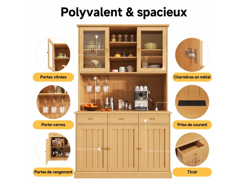 Meuble de cuisine muvano, buffet haut vitré de salle à manger, naturel, 120 × 40 × 191 cm - Conforama R