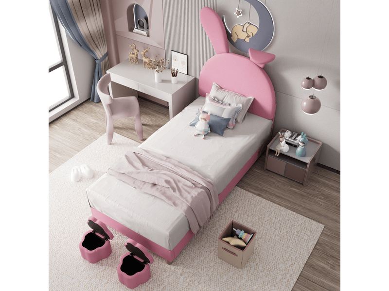  Lit capitonné 90x200 rose velours français avec rangement et oreilles de lapin - éclairage led  - Conforama B