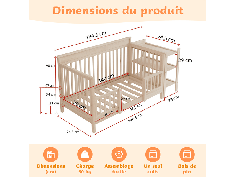 Lit bébé 3-en-1 en pin massif 70x140 cm, 3 hauteurs de sommier réglables, table à langer et étagère amovibles, transformable en lit junior, norme en716, charge 50 kg - Conforama C