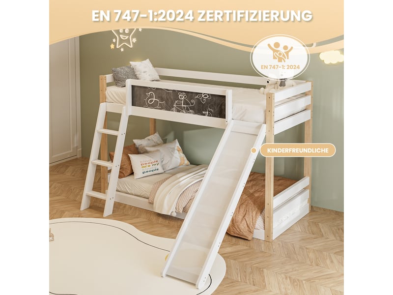  Lit superposé enfant 90 × 200 cm et 90 × 190 cm 2 places avec toboggan, escalier et tableau, sans matelas, blanc  - Conforama E