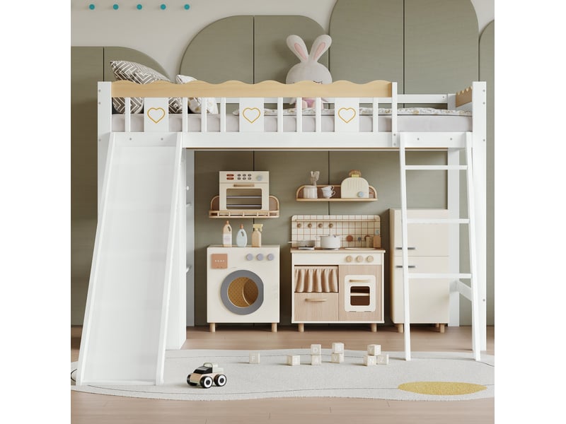  Lit mezzanine enfant 90x200 cm, toboggan, armoire et meuble de rangement, structure mdf, blanc et naturel, sans matelas  - Conforama B