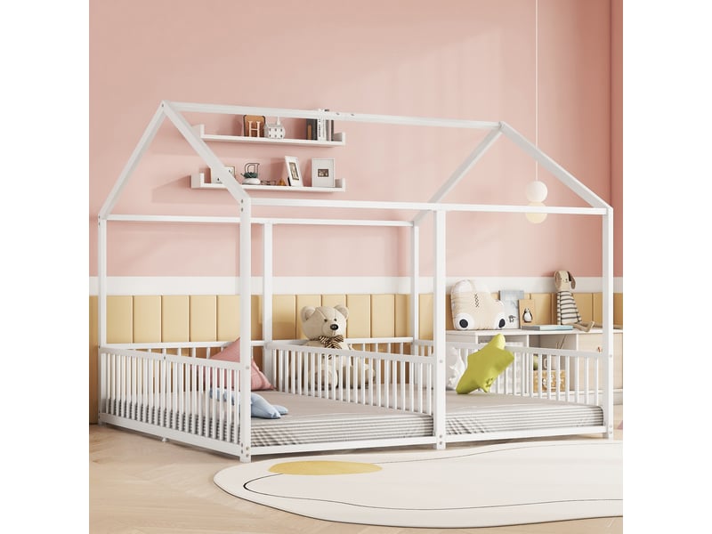  Lit cabane superposé enfant en métal blanc 90x200 cm avec barrière de sécurité et échelle, cadre en fer robuste, sans matelas.  - Conforama R