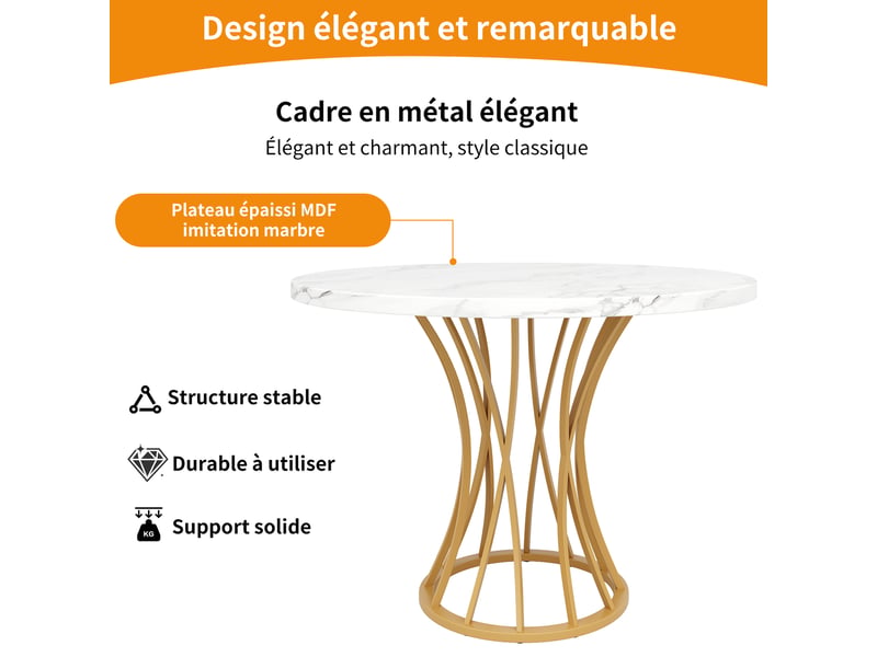  Table ronde, table légère et élégante, idéale pour 4 à 6 personnes, pieds dorés, plateau en mdf effet marbre  - Conforama E