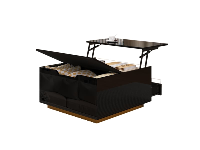  Table basse relevable carrée noire 70x70 cm avec led, rangement caché et tiroir, finition brillante  - Conforama R
