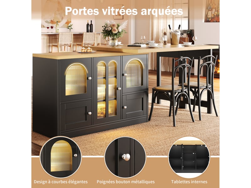 Buffet bas table extensible 3-en-1 120-197x40(80)x72 cm, led rgb, pivotant 360°, portes vitrées, rangement, mdf, noir - Conforama E