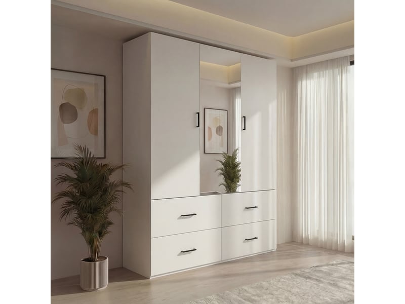 Armoire de penderie 2 portes avec miroir central et 4 tiroirs - 130 x 51,8 x 181,5 cm - blanc - meuble de rangement - Conforama C