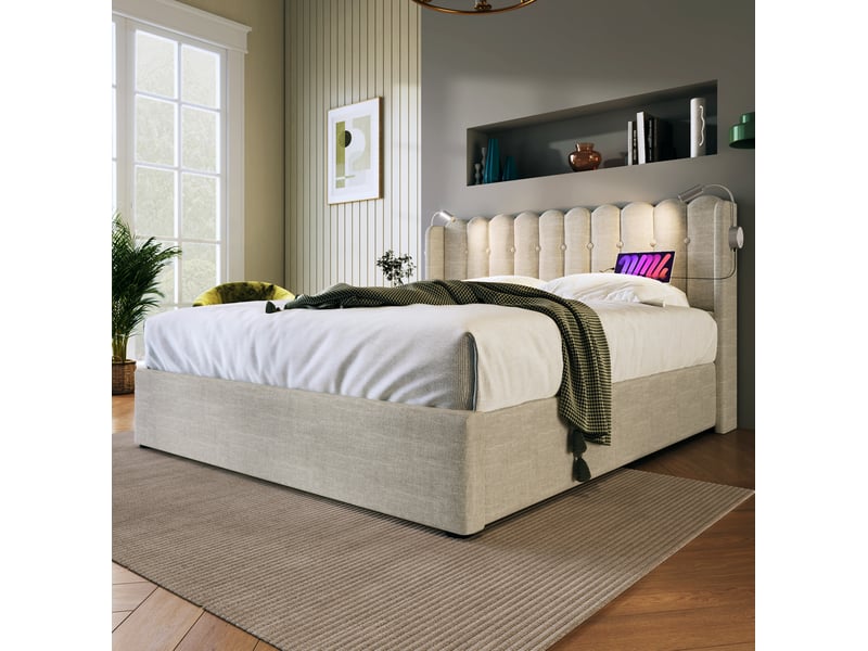  Modenvie lit coffre 160x200 cm - avec matelas, liseuse et ports usb - sommier relevable - beige  - Conforama D