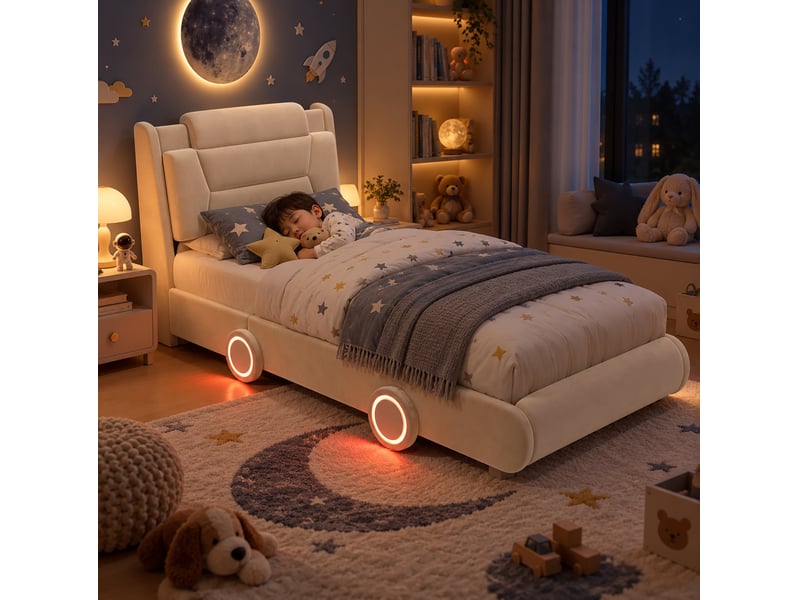  Lit simple enfant voiture 90x200 cm en velours beige crème, tête de lit réglable  - Conforama E