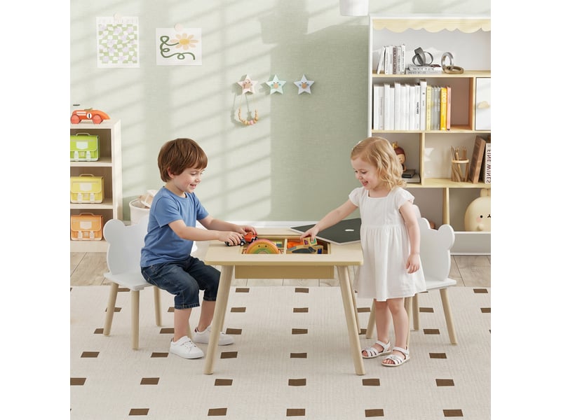  Table enfant avec 2 chaises, ensemble de sièges enfant avec rangement, dossier en forme d'ours pour enfants de 3 à 6 ans, bois naturel  - Conforama B