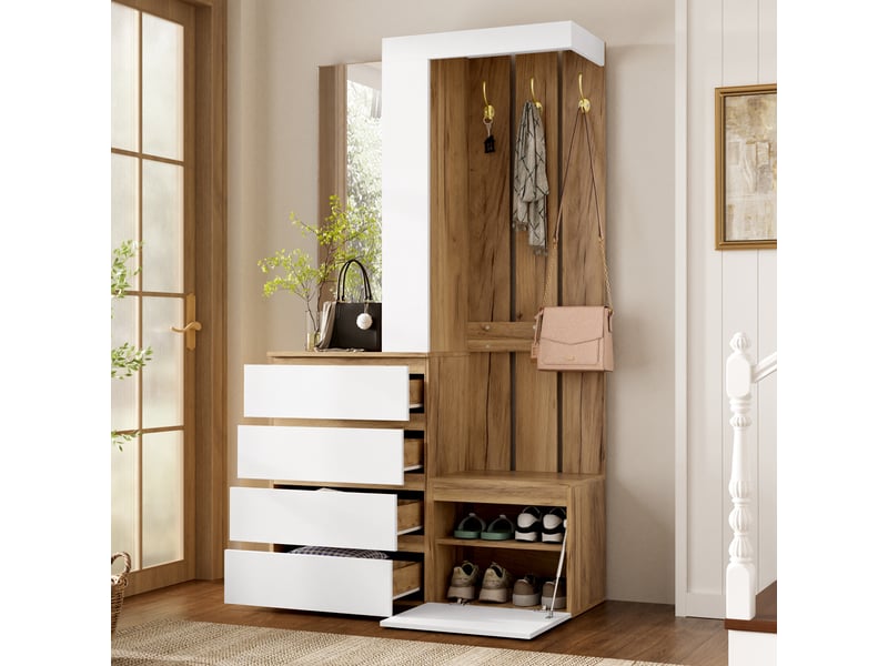  Portemanteau avec banc et rangement blanc et bois naturel  - Conforama E