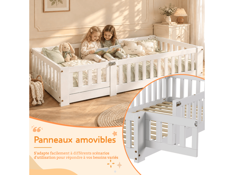 Lit montessori au sol en pin massif pour enfant, lit enfant 90x200 cm avec 30cm garde-corps de sécurité - peinture à base d’eau écologique - sommier à lattes inclus - style scandinave, lit bas pour chambre d’enfant - Conforama D