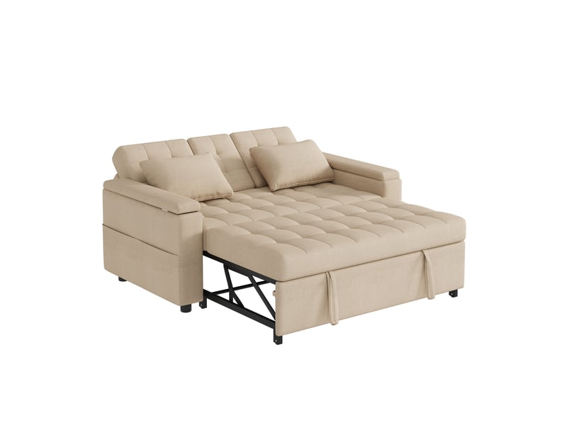 Canapé convertible 2 places 159 × 142,5 × 92 cm, dossier réglable 3 positions, rangements accoudoirs, 2 coussins, tissu effet lin, beige OMNIGLINT TRADING LTD - Conforama E