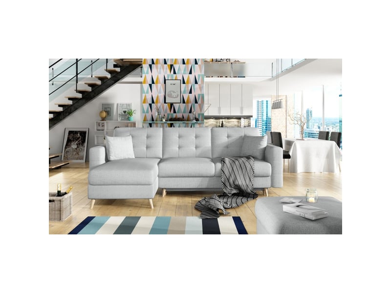  Canapé d'angle convertible hasgard 3 places gris 248x162 cm – coffre et pieds bois  - Conforama B