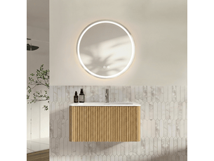 Ensemble meuble de salle de bain 80 cm avec vasque, miroir led rond 80 cm, chêne